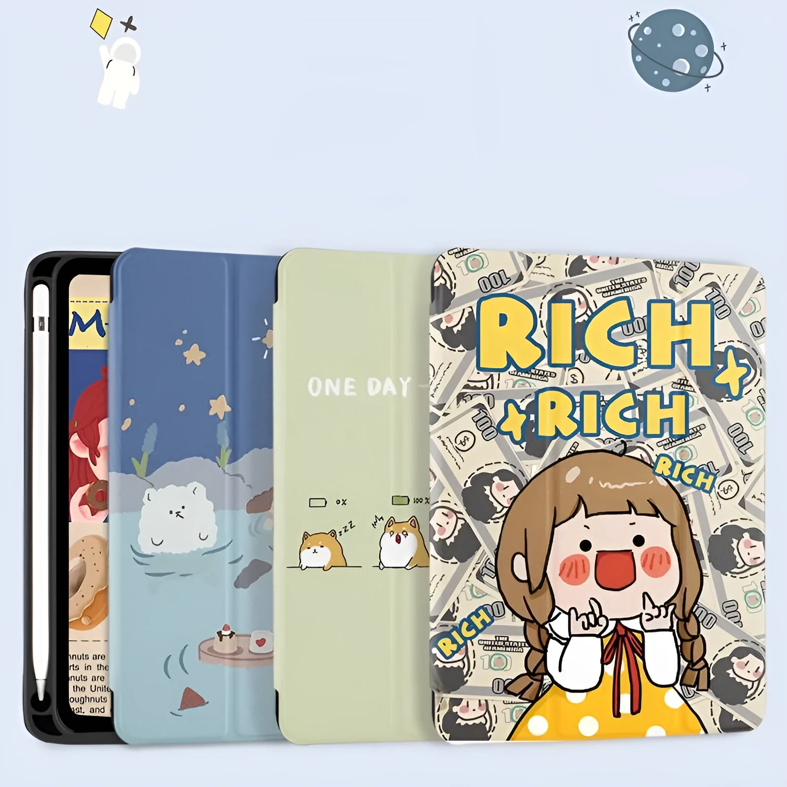 Tri-fold silicone cartoon case for iPad 2017, 2018, Air 3, Pro and 2019 in imitation leather.