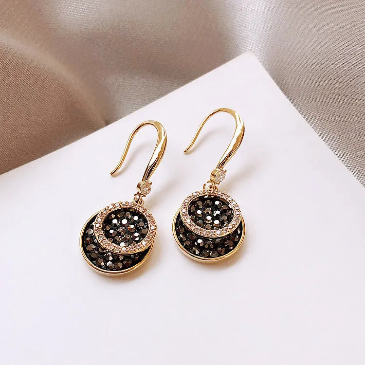 Black geometric round piece alloy earrings with retro Hong Kong style measuring 3.6cm long