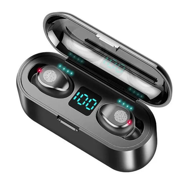Black wireless Bluetooth headset with earplug design showing 10m range and Bluetooth 5.0 features