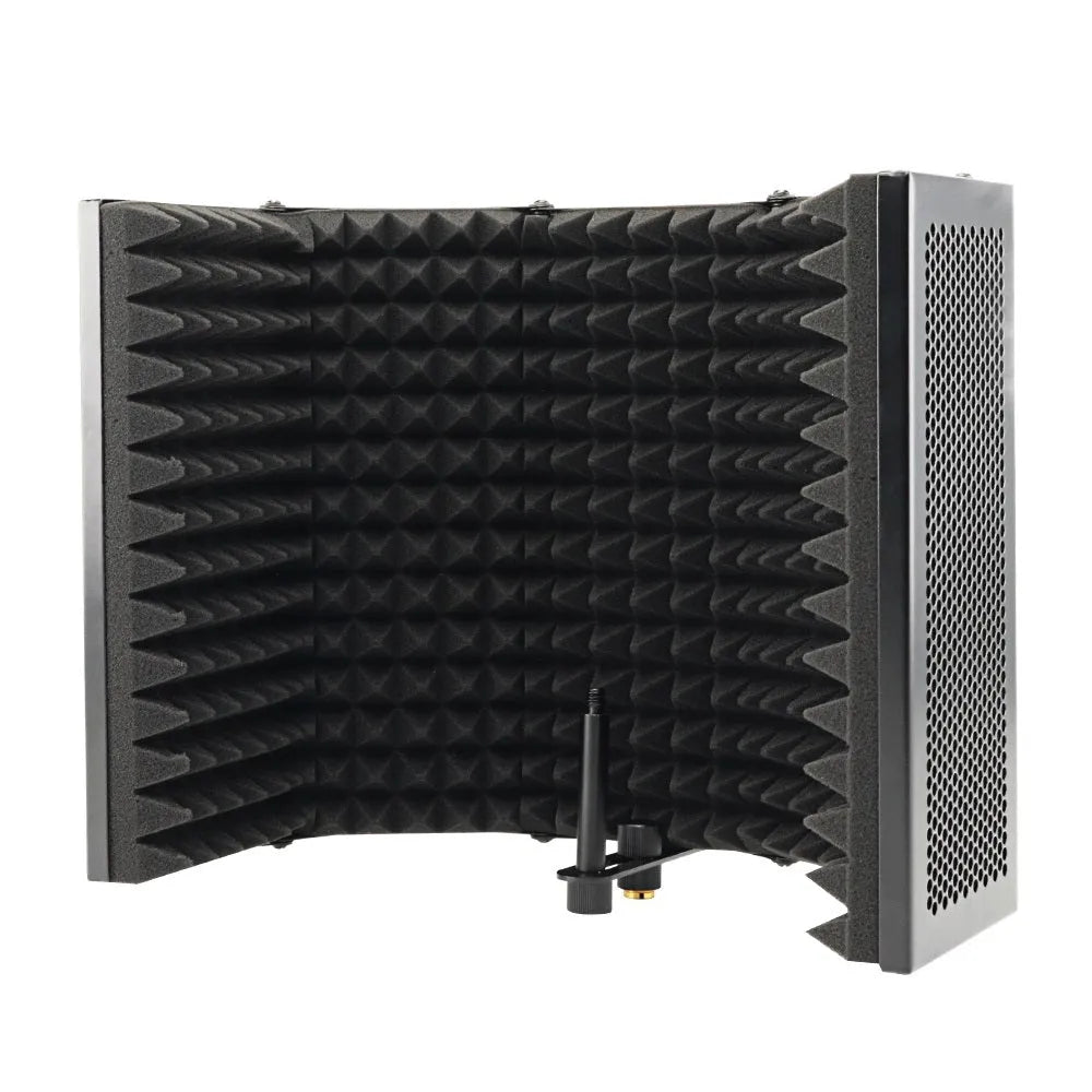 Black 5-door microphone enclosure with sound absorbing foam panels measuring 36 x 28 cm on a microphone stand