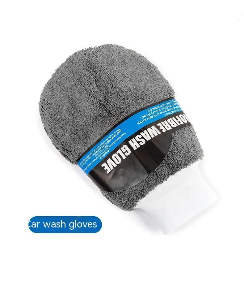 Grey nine-piece car wash cleaning set showing microfiber sponge, gloves, tyre brush, and cleaning towels