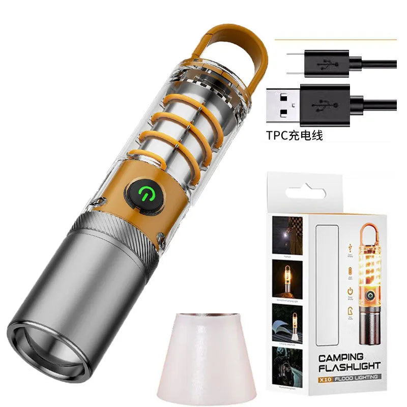 Orange and beige multifunctional flashlight with dual LED heads, optical zoom lens, and a metal hanging hook.
