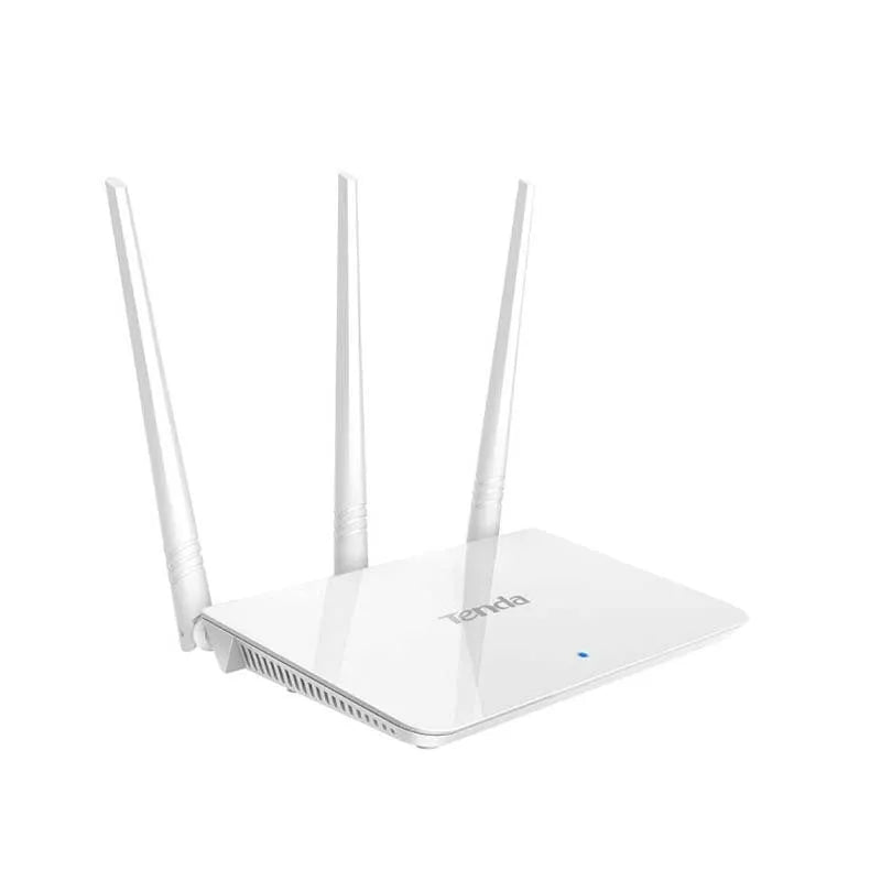 White dual-band wireless broadband router on a desk.