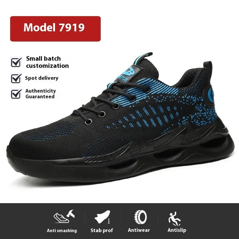 Breathable labour protection shoes with puncture resistance, Flyknit upper, rubber outsole in 7918 black colour