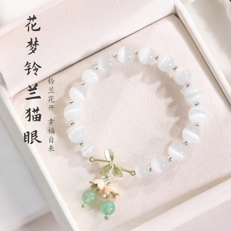 Opal cat's eye stone beaded bracelet for women with diamond-shaped beads and electroplated finish