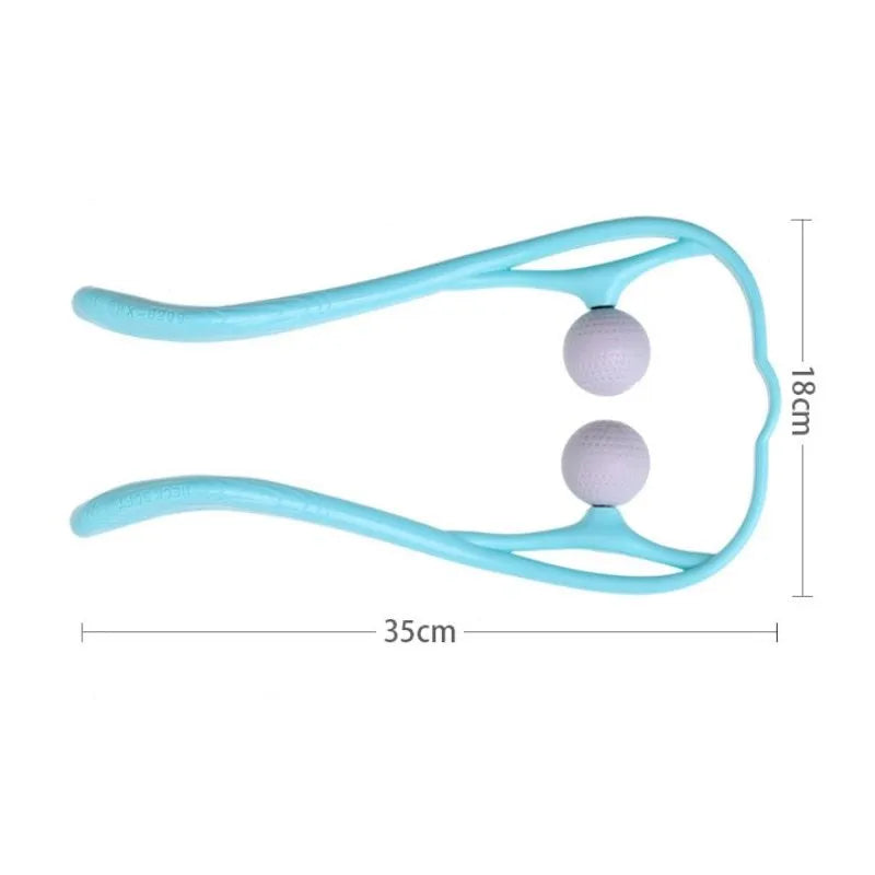 Handheld manual neck massage roller with adjustable stand and removable soft head in blue, green, or pink.