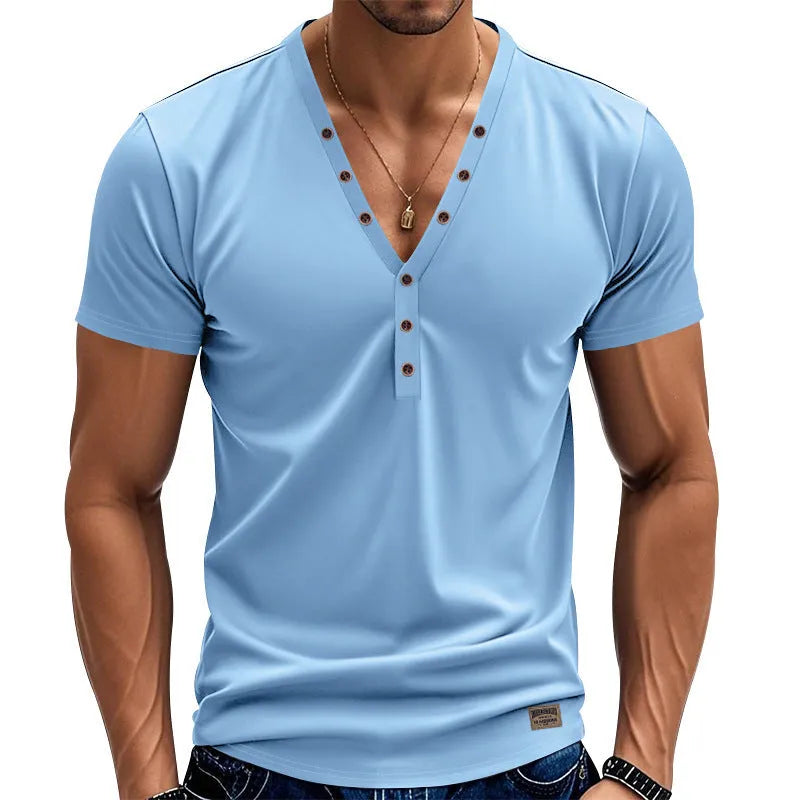 Men's loose fit V-neck pullover top with button details in polyester blend fabric for sports wear