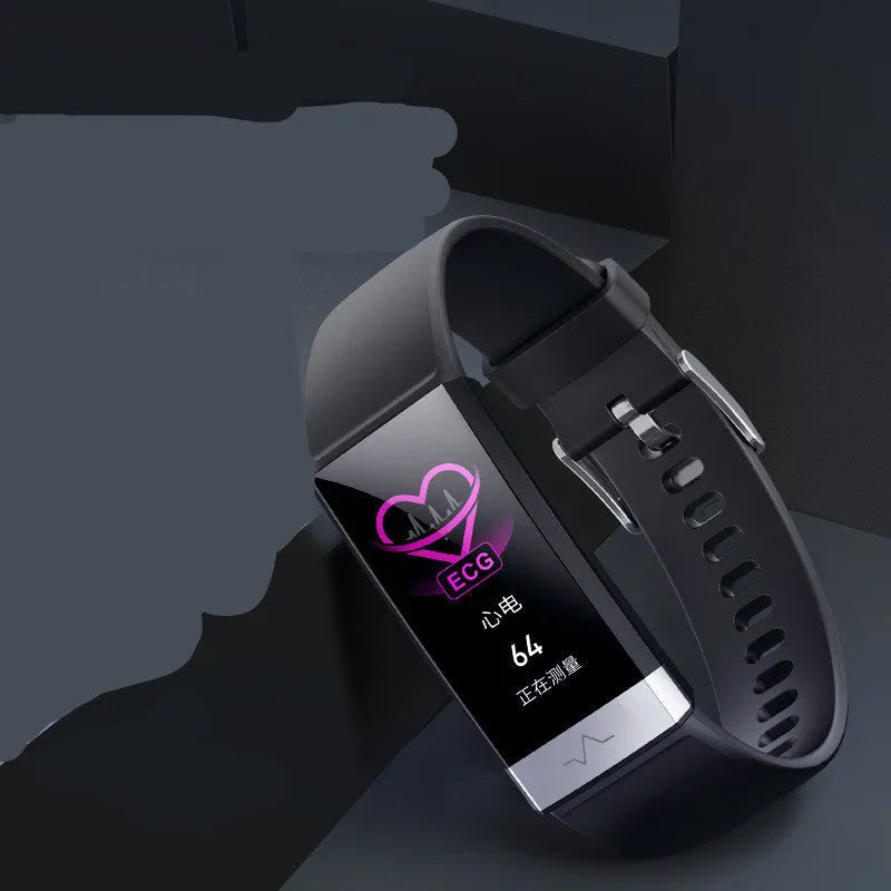 V19 smart health bracelet with colour screen on a TPU strap, showing ECG and SpO2 readouts.