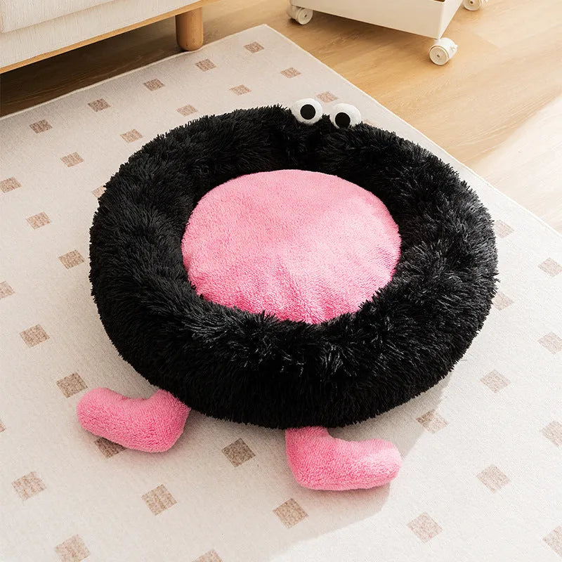 Elf Briquettes pattern plush pet bed with raised sides in blue, pink, or yellow