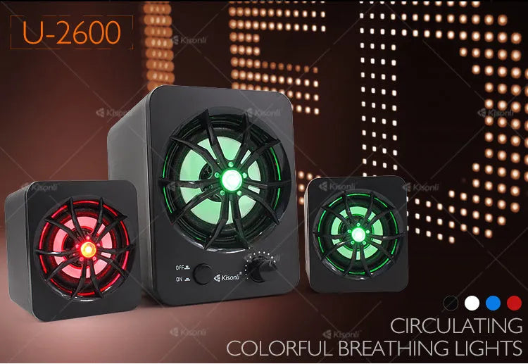 Green USB 2.1 computer speaker with colourful LED lights and 150 cm cable