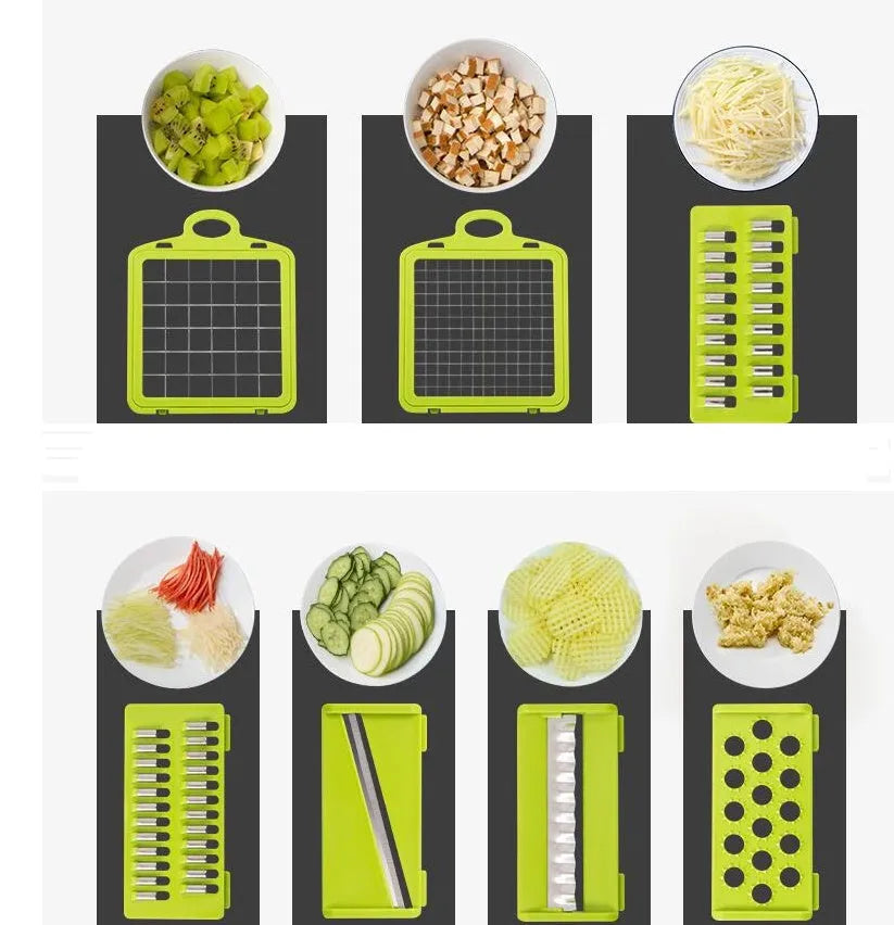 Multifunctional vegetable cutter with seven stainless steel blades and wheat straw plastic housing