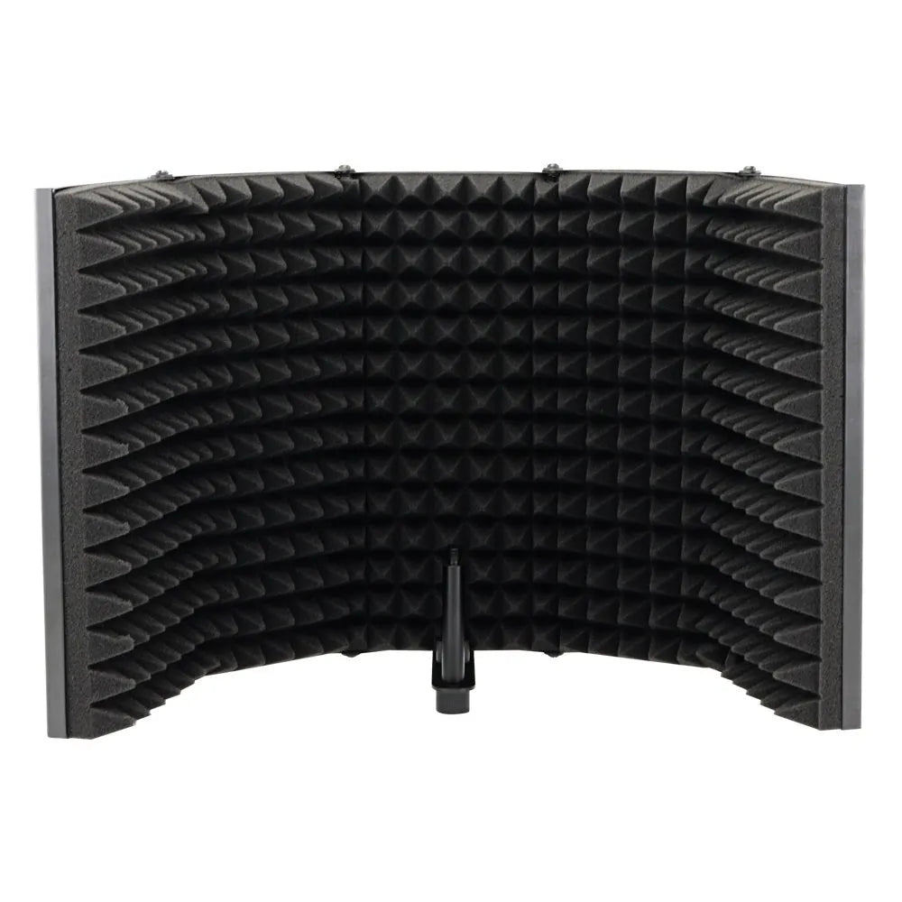 Black 5-door microphone enclosure with sound absorbing foam panels measuring 36 x 28 cm on a microphone stand