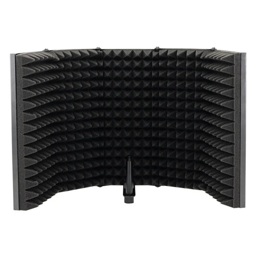 Black 5-door microphone enclosure with sound absorbing foam panels measuring 36 x 28 cm on a microphone stand