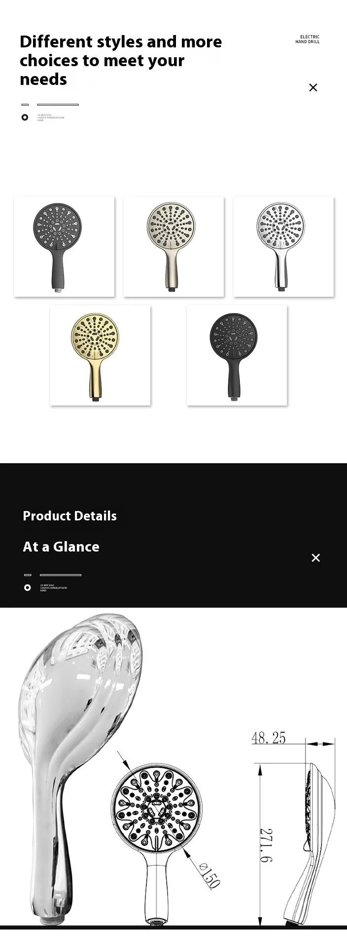 A portable handheld shower head with an electroplated metallic finish, showing its spray face and hose connection.