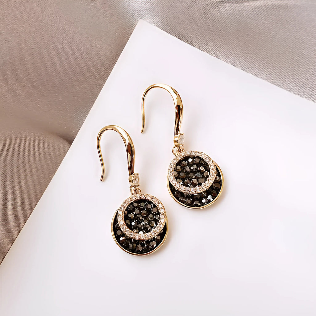 Black geometric round piece alloy earrings with retro Hong Kong style measuring 3.6cm long