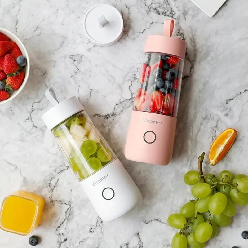 White portable USB rechargeable blender juicer with 350ml Tritan cup and silicone carry handle