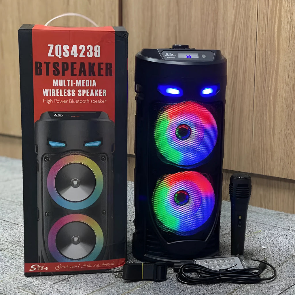 Black portable Bluetooth speaker with wheat pattern finish and dual horn cannon design