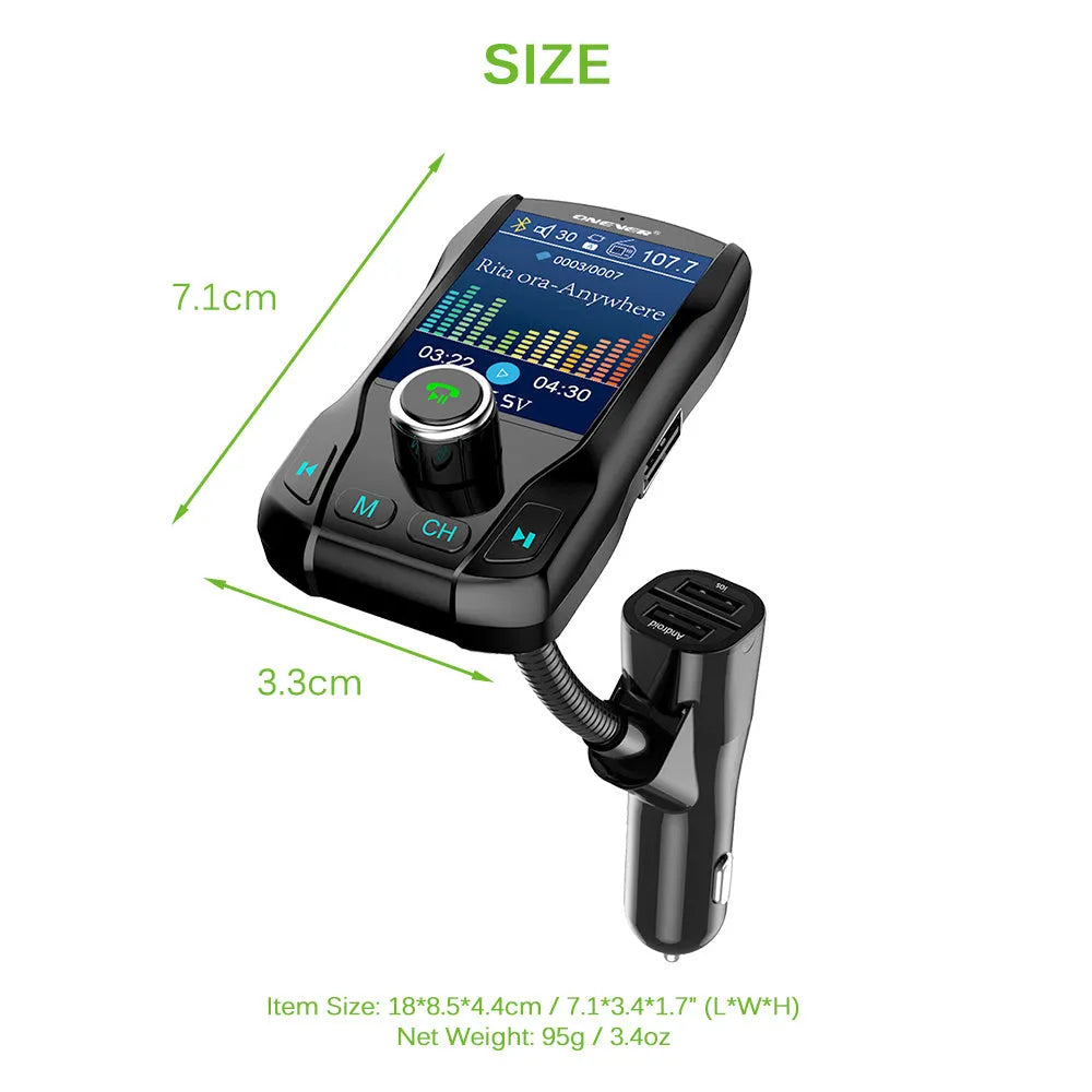 Black car Bluetooth FM transmitter with colour screen and dual USB ports plugged into a car power socket.