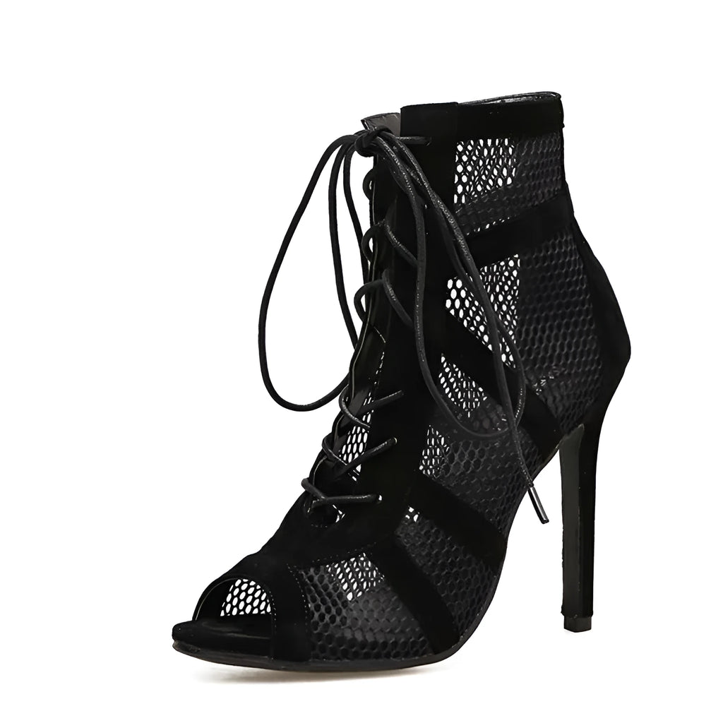 Black suede women's lace-up high heel shoes with 11.5cm heel and 1cm platform