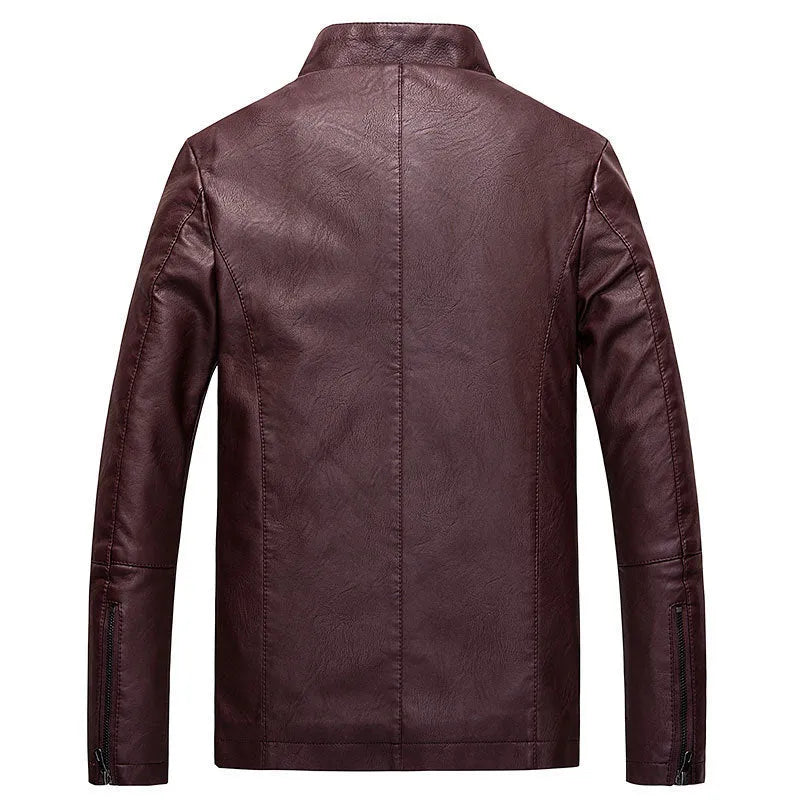 Men's PU leather jacket in claret colour with biker style design and polyester lining