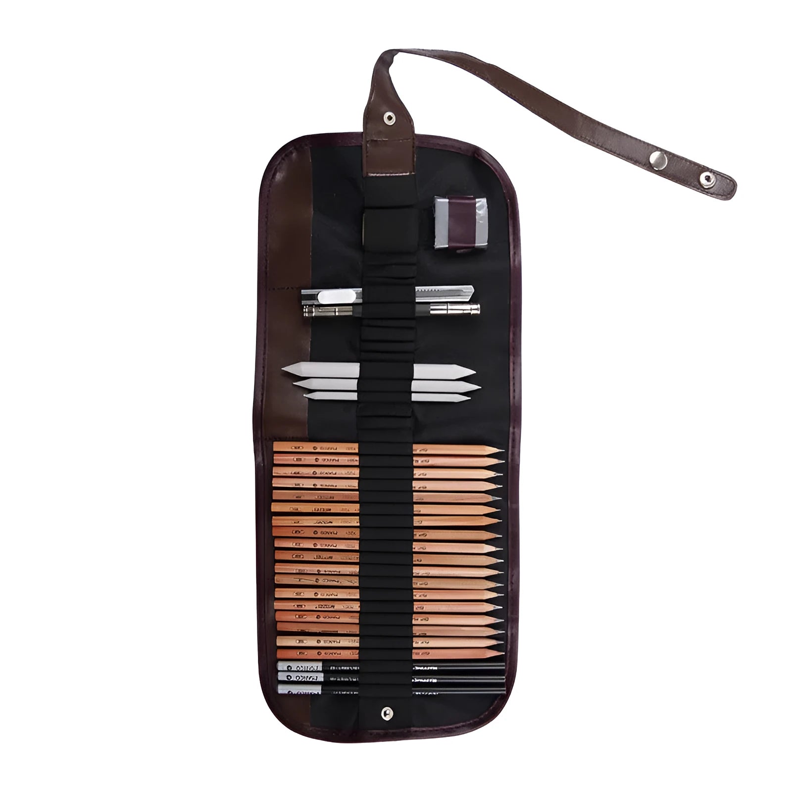 Complete drawing and illustration set with case containing pencils, charcoal, and eraser tools