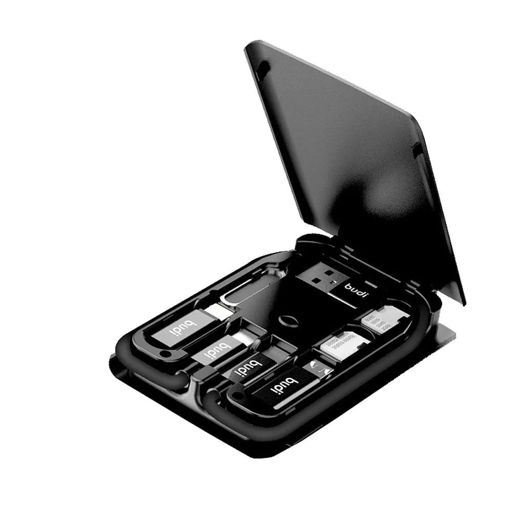 Black digital urban survival card with a short attached cable, conversion head, and slots for TF and nano SIM cards.