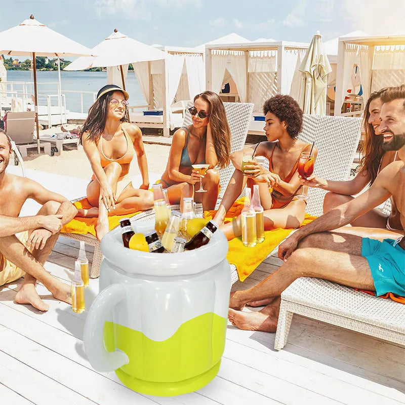 Yellow inflatable PVC ice bucket for drinks at parties and outdoors.