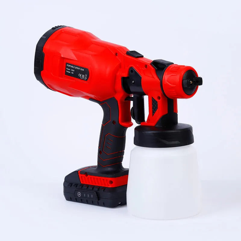 Blue cordless automatic paint spray gun with a large material tank and battery pack.
