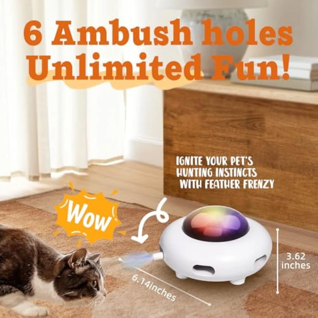 White automatic interactive cat toy with colourful feathers and LED lights on a floor.