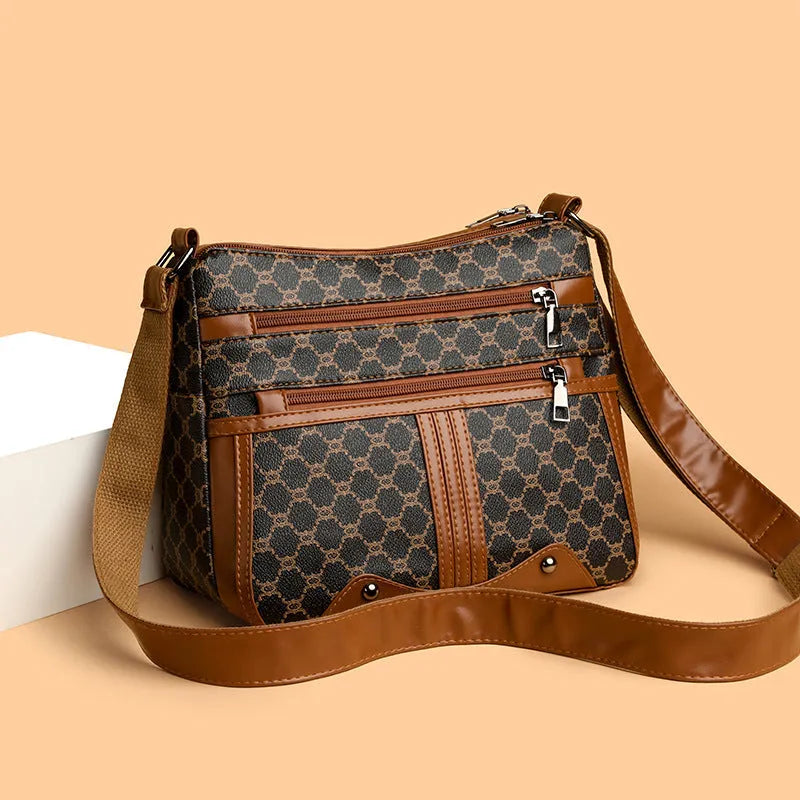Brown women's crossbody bag with stitching pattern and large capacity design