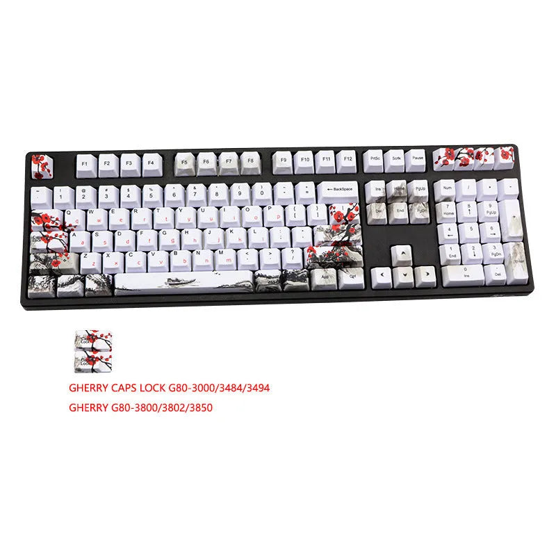 PBT Wangjiang plum blossom theme keycap set with Korean legends on a keyboard.