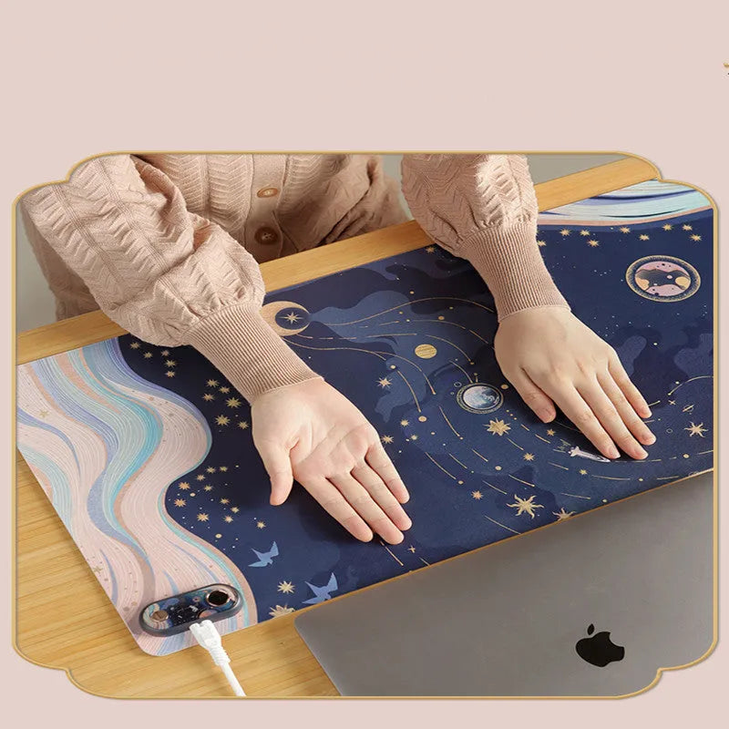 PVC leather electric desktop heating mat showing decorative pattern options for office hand warming