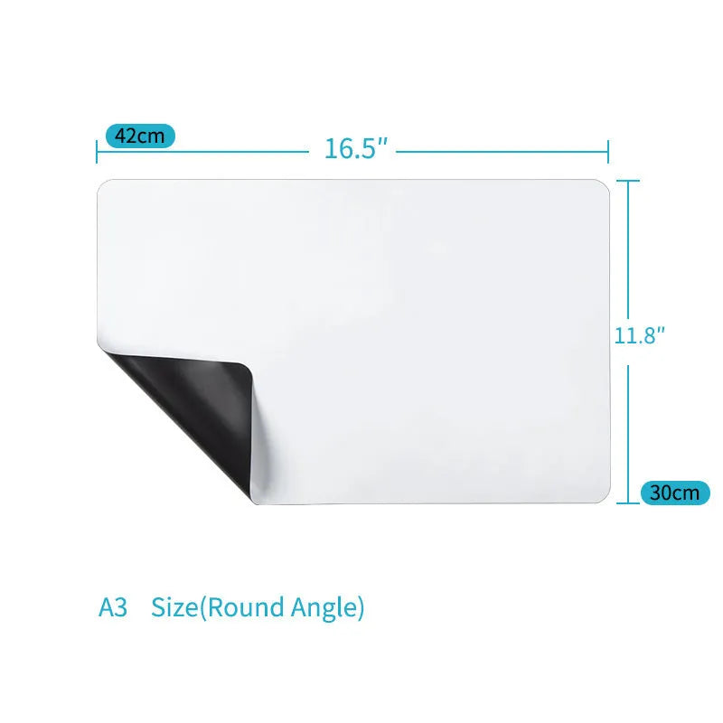 A3 size flexible magnetic whiteboard with rounded corners on a refrigerator door