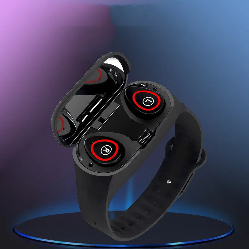 Android smart bracelet with integrated Bluetooth earphones in silicone wristband showing black, blue, and red colour options