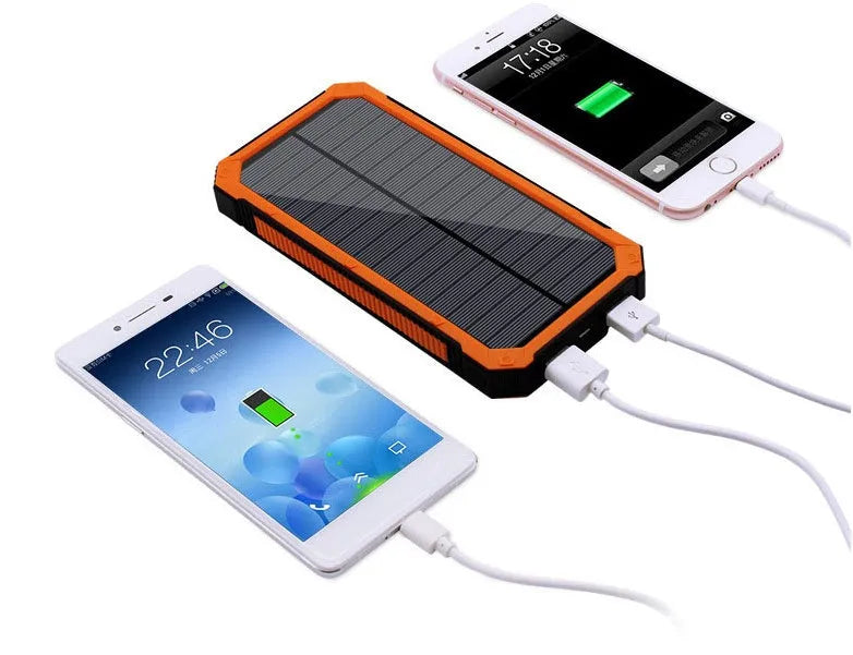 Solar power bank in orange plastic case with solar panel, showing USB ports and dimensions 161x79x17mm.
