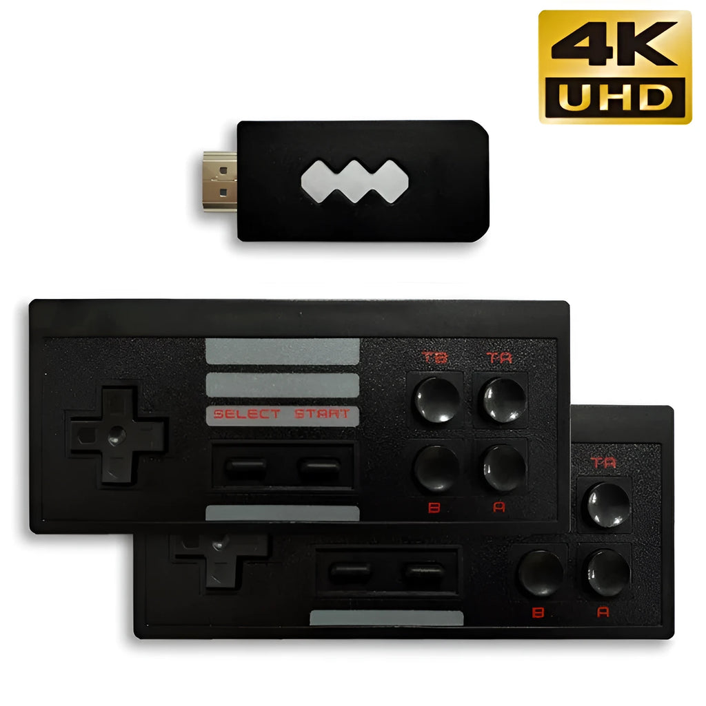 Black HD TV game console with wireless controller and USB cable on a table, showing built-in classic games