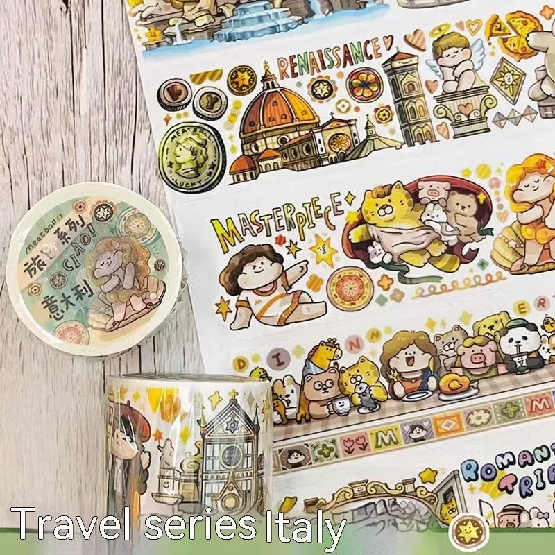 Sheet of cute cartoon character stickers for haemorrhoid tape packaging on Japanese paper.