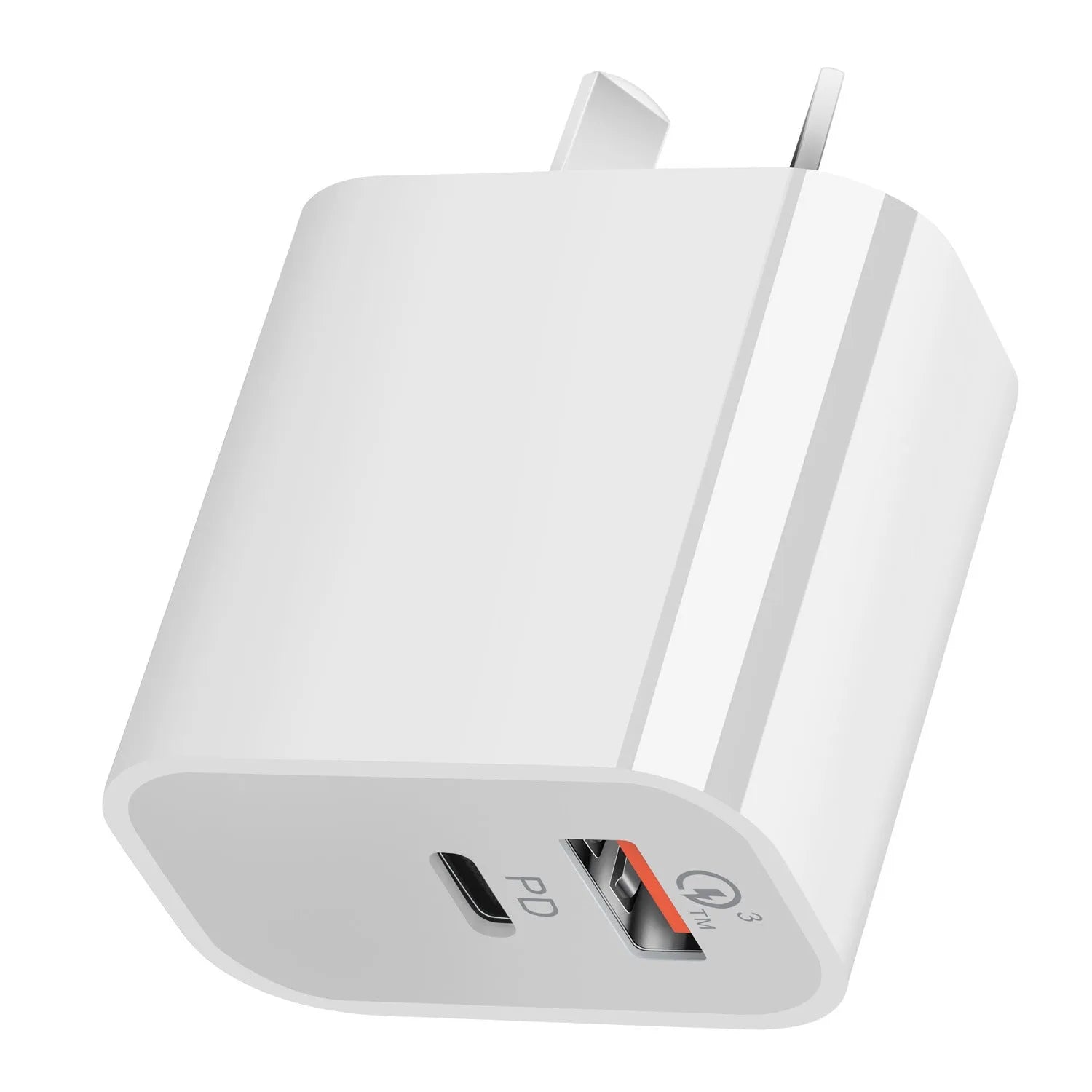 White Australian Standard dual-port USB charger with SAA certification label