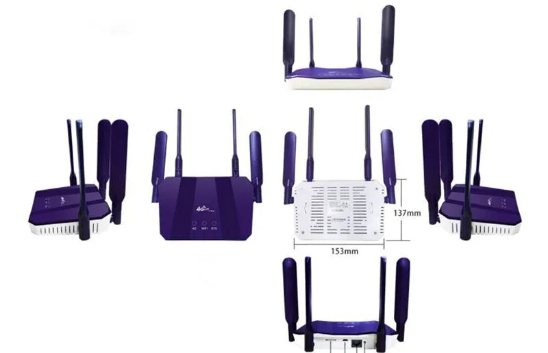 Blue dual-mode 4G router with four external antennas, showing front panel and ports.