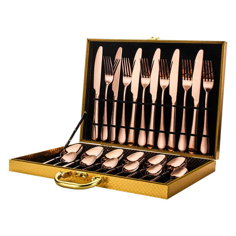 24 piece stainless steel tableware set showing knives, forks, and spoons in multiple colour finishes