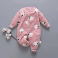 Baby wearing long sleeve flannel romper with animal print design