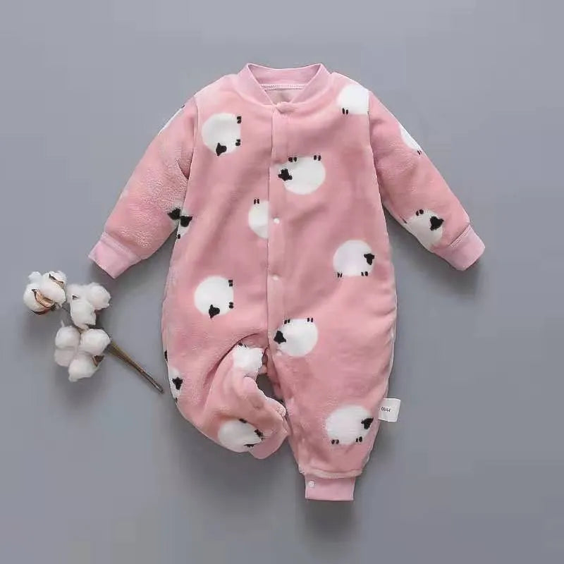 Baby wearing long sleeve flannel romper with animal print design