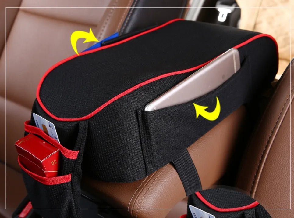 Central armrest box in synthetic fiber with polyester surface, available in black with red colour option, for car centre console storage