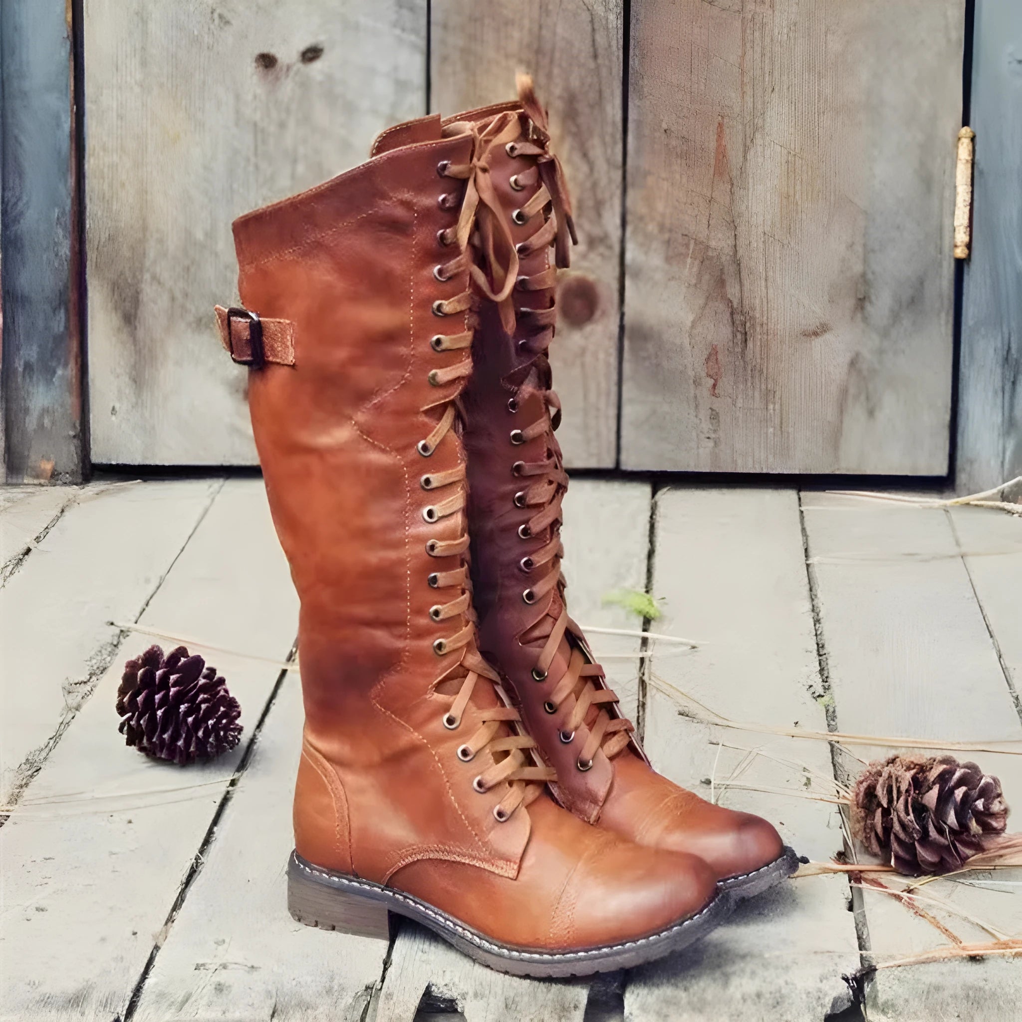 Women's black chunky heel high leg boots with a round toe and low heel on a plain background.