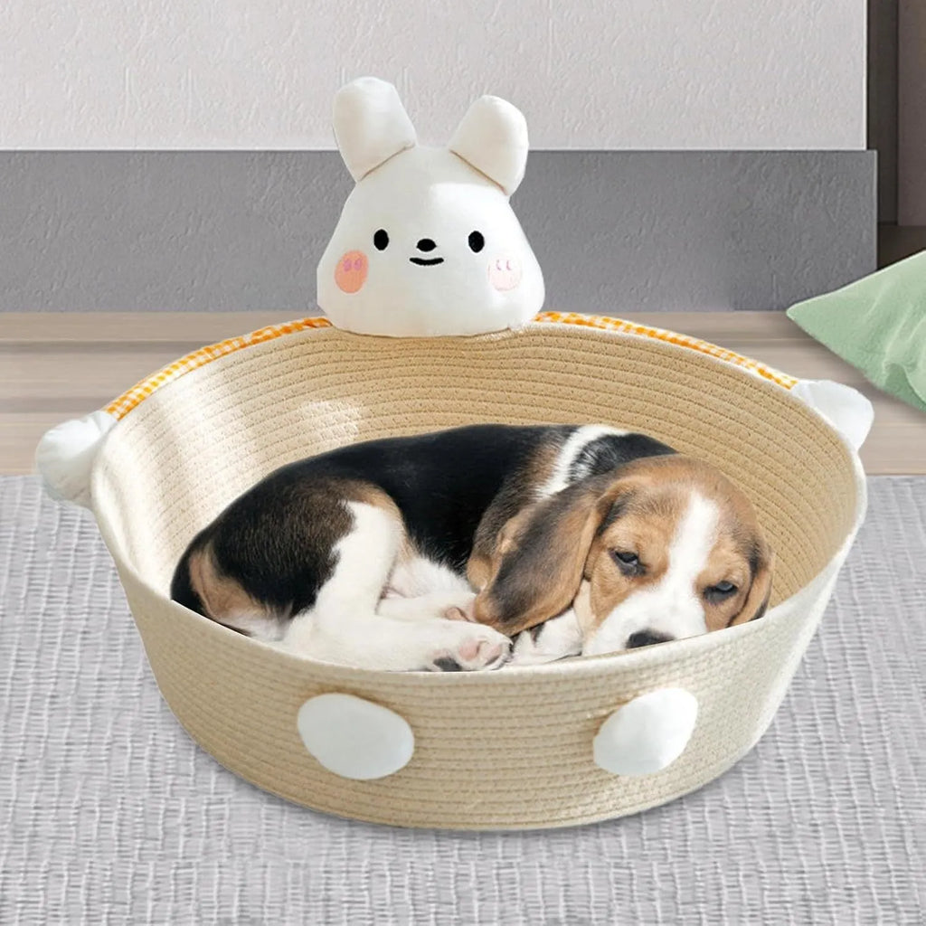 Woven cotton rope cat bed and scratcher basket with rabbit design, shown in three available sizes.