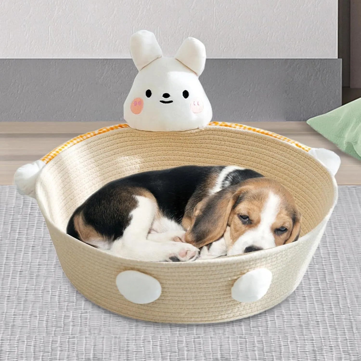 Woven cotton rope cat bed and scratcher basket with rabbit design, shown in three available sizes.