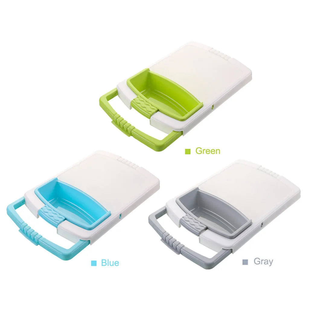Green multi-function kitchen cutting board with integrated draining basket mounted on sink edge