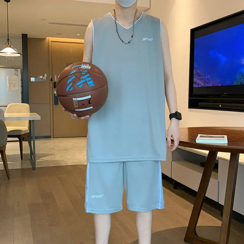 Basketball sports suit with sleeveless vest and matching shorts on a hanger