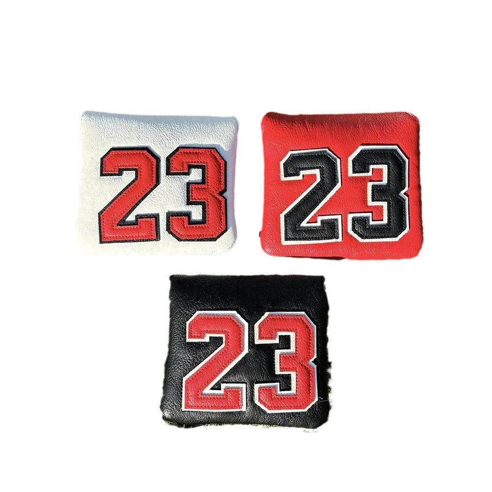 Set of coloured chicken drumstick design golf club head covers for fairway woods, a square putter, and irons.