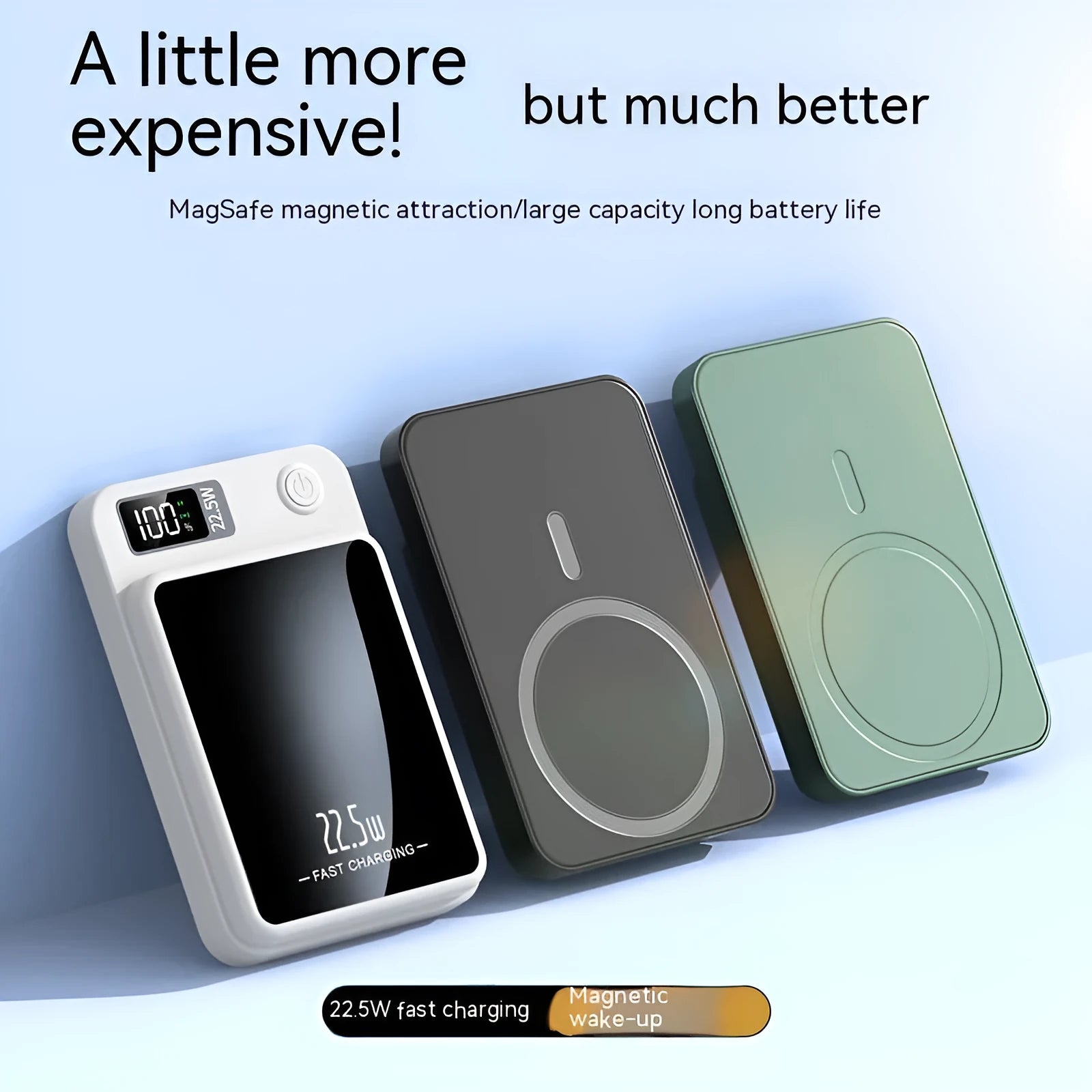 Wireless power bank with MagSafe charging in black, white, purple or green colour with industrial style plastic shell